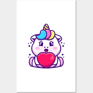 Cute baby unicorn cartoon with love Posters and Art